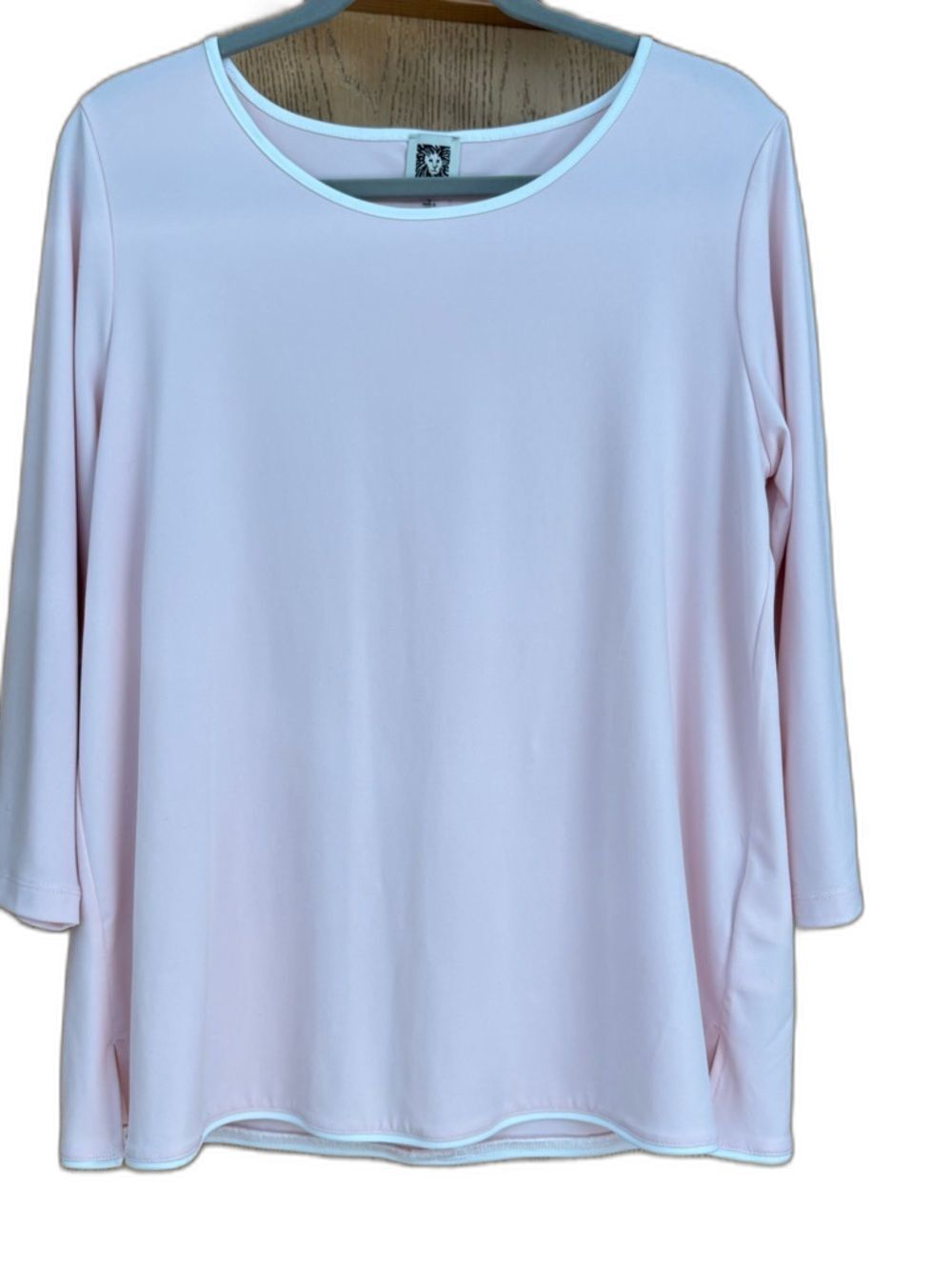 Anne Klein 3/4 Sleeve Button Back Blouse Pink White Trim Size Large